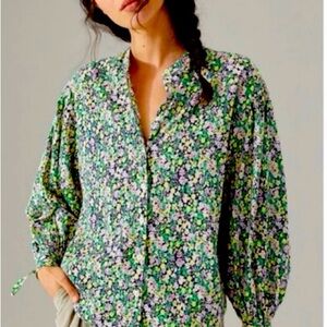 Anthropologie Maeve Ashleigh Puff-Sleeved Button Down Floral Multicolor Blouse